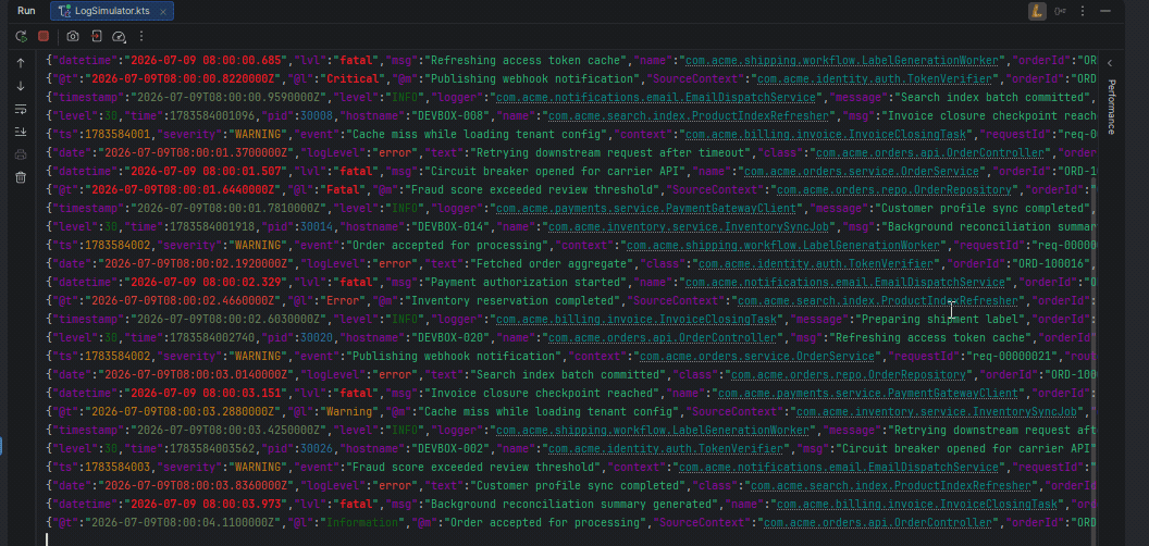 JSON logs destructured in console output
